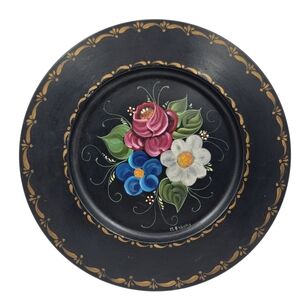 Vintage Painting Toleware Floral Folk Tole Art Metal Tray Black signed